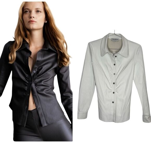 Susan Bender Ruched Stretch Leather Shirt in White Leather - Picture 1 of 9